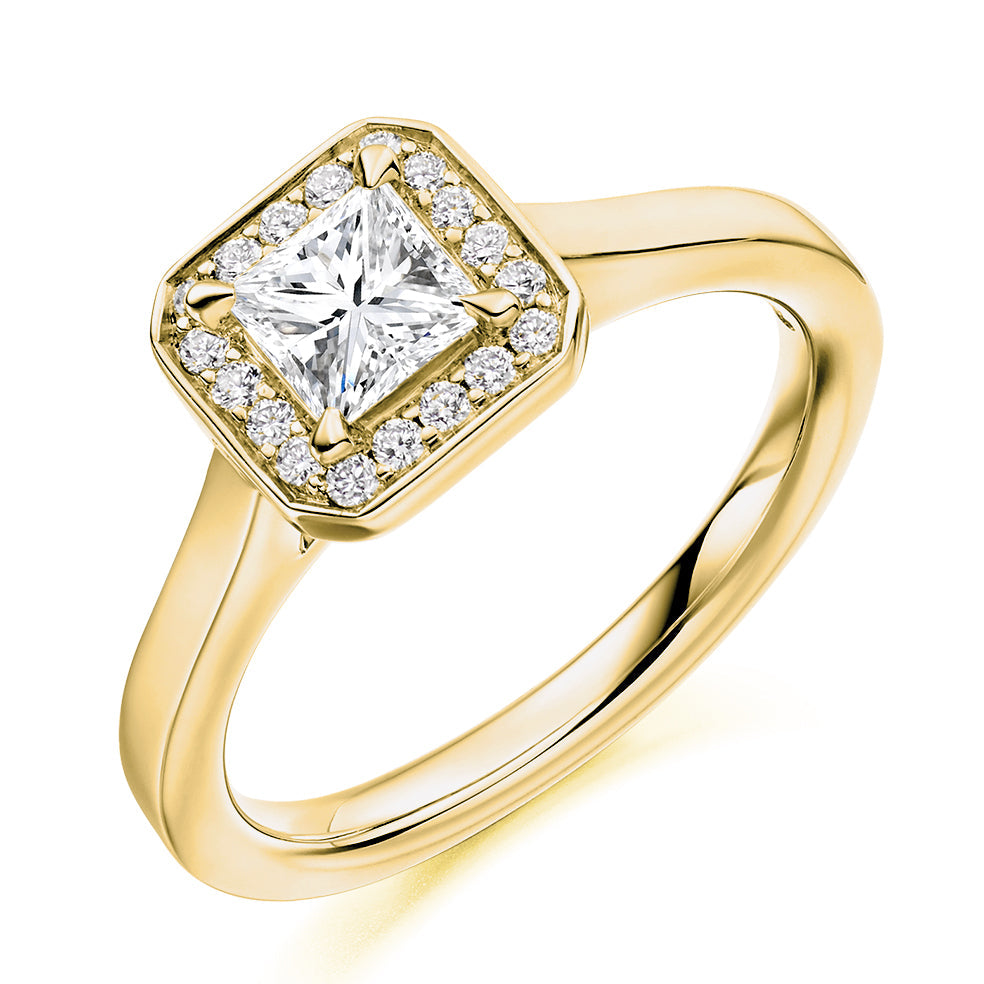 Halo Solitaire Princess Cut Engagement Ring, 0.5ct in Yellow Gold