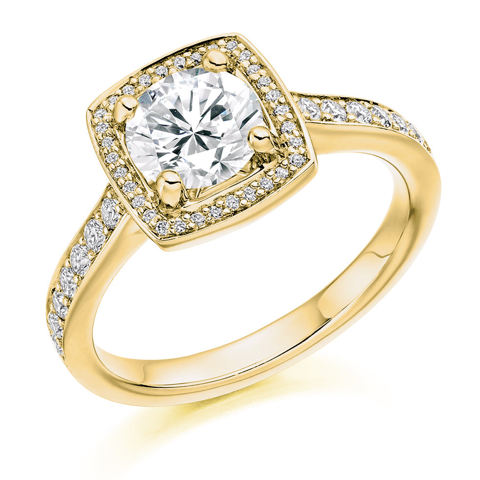 Pavé-Shoulder Halo Round-Brilliant Engagement Ring, 0.9ct (ENG3699 SMT) in Yellow Gold
