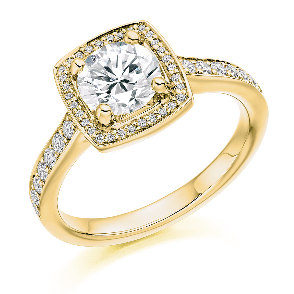 Pavé-Shoulder Halo Round-Brilliant Engagement Ring, 1.0ct (ENG3700 SMT) in Yellow Gold