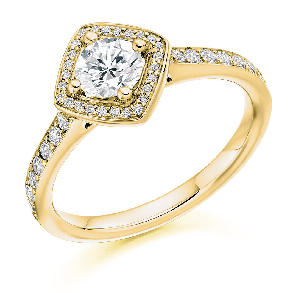 Pavé-Shoulder Halo Round-Brilliant Engagement Ring, 0.25ct in Yellow Gold