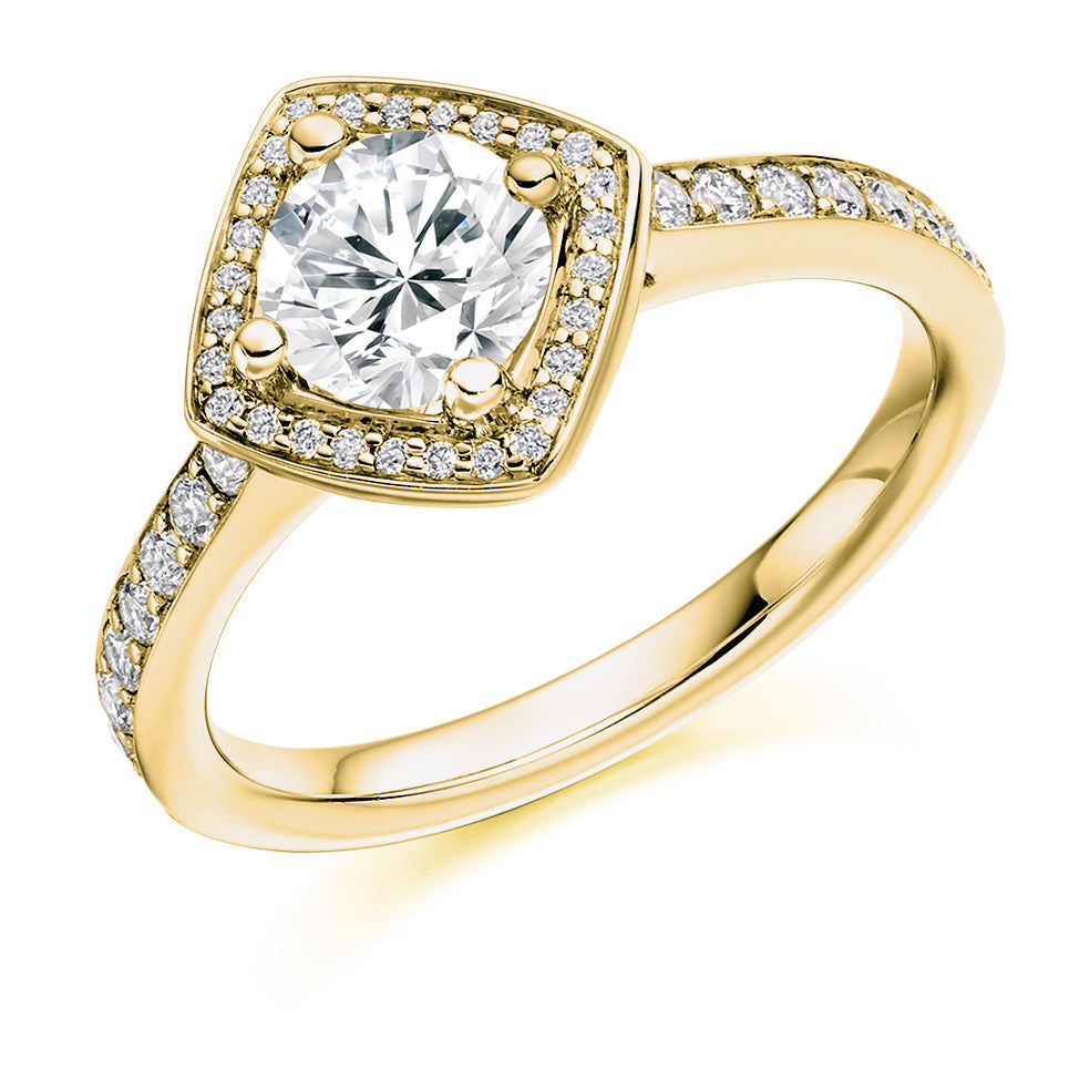 Pavé-Shoulder Halo Round-Brilliant Engagement Ring, 0.9ct (ENG3704 SMT) in Yellow Gold