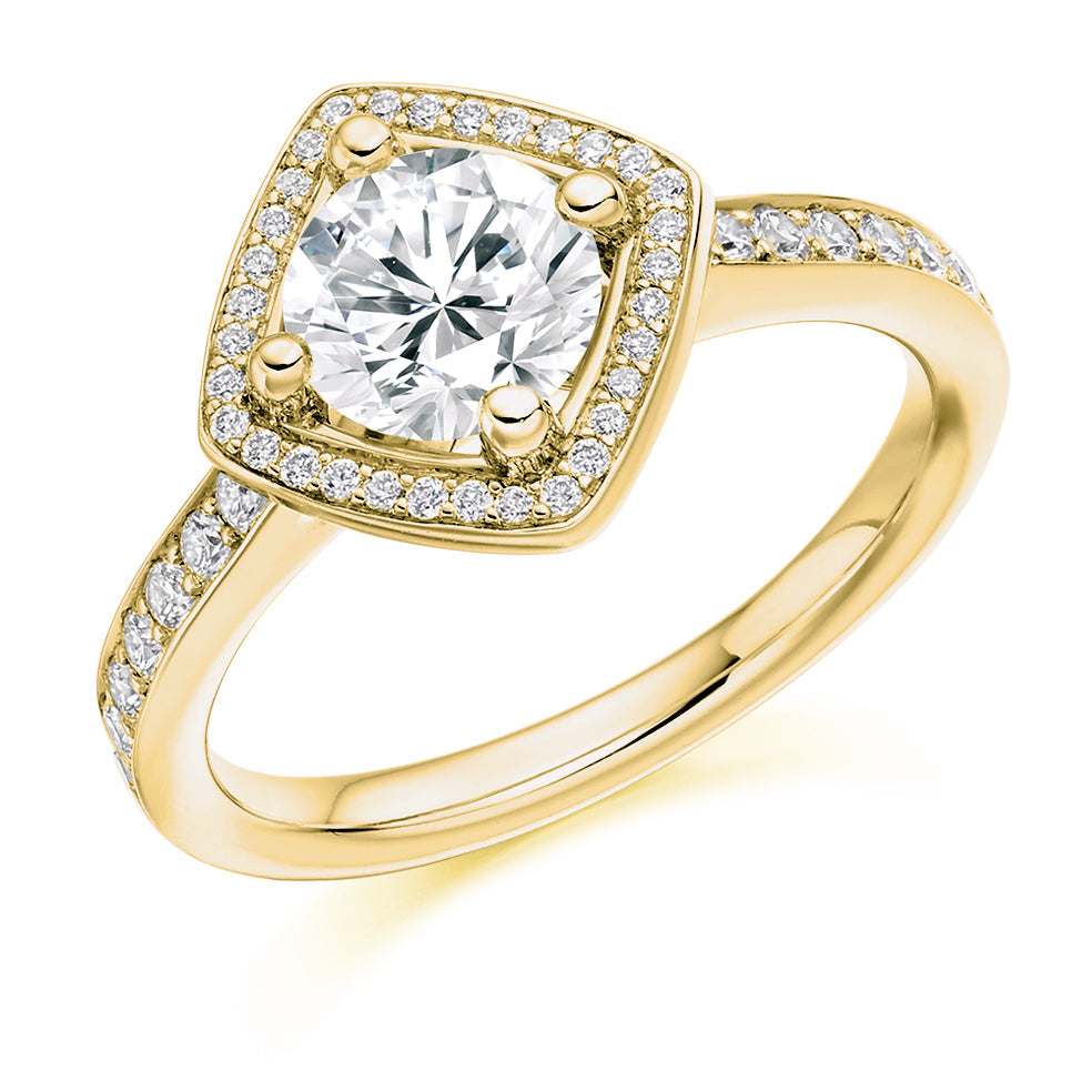 Pavé-Shoulder Halo Round-Brilliant Engagement Ring, 1.0ct (ENG3705 SMT) in Yellow Gold