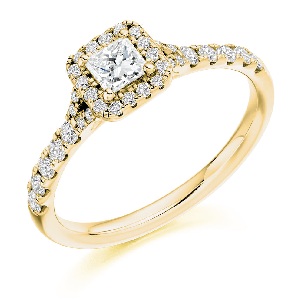 Pavé-Shoulder Halo Split-Shoulder Princess-Cut Engagement Ring, 0.25ct in Yellow Gold