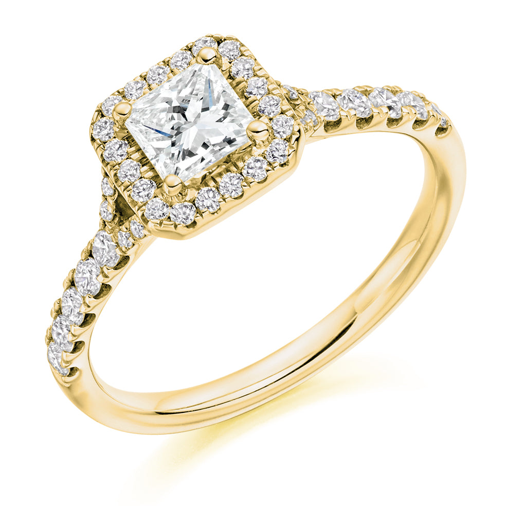Pavé-Shoulder Halo Split-Shoulder Princess-Cut Engagement Ring, 0.5ct in Yellow Gold