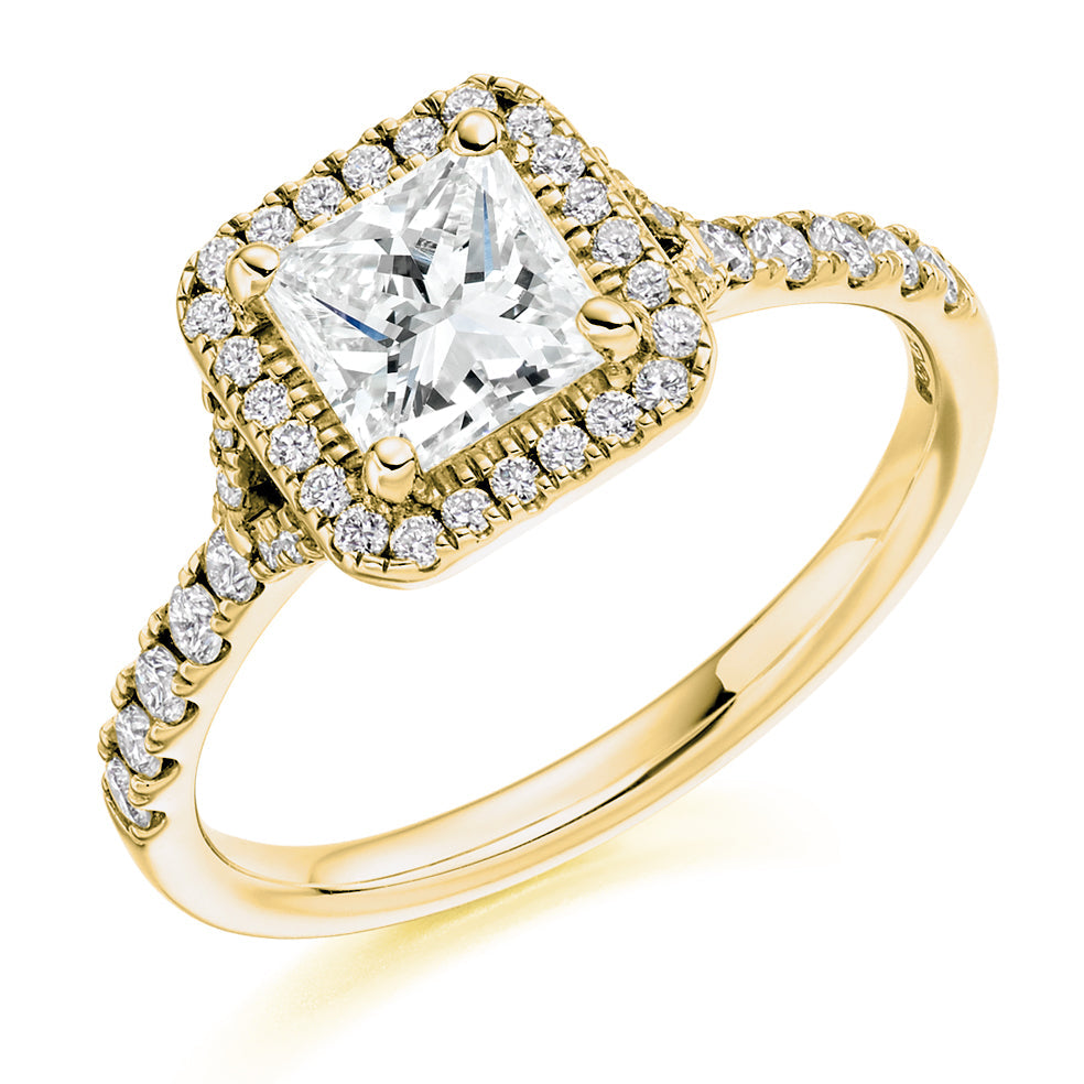 Pavé-Shoulder Halo Split-Shoulder Princess-Cut Engagement Ring, 0.75ct in Yellow Gold