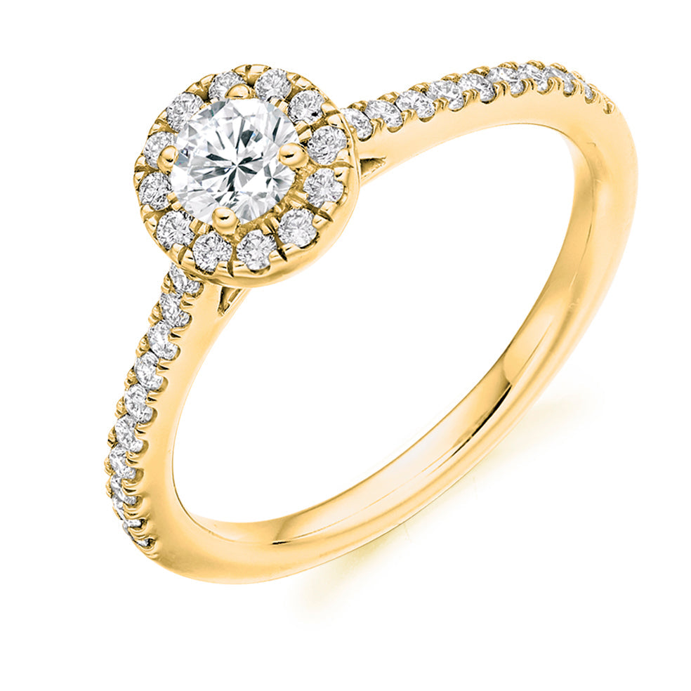Diamond-Shouldered Halo Round Brilliant Engagement Ring in Yellow Gold