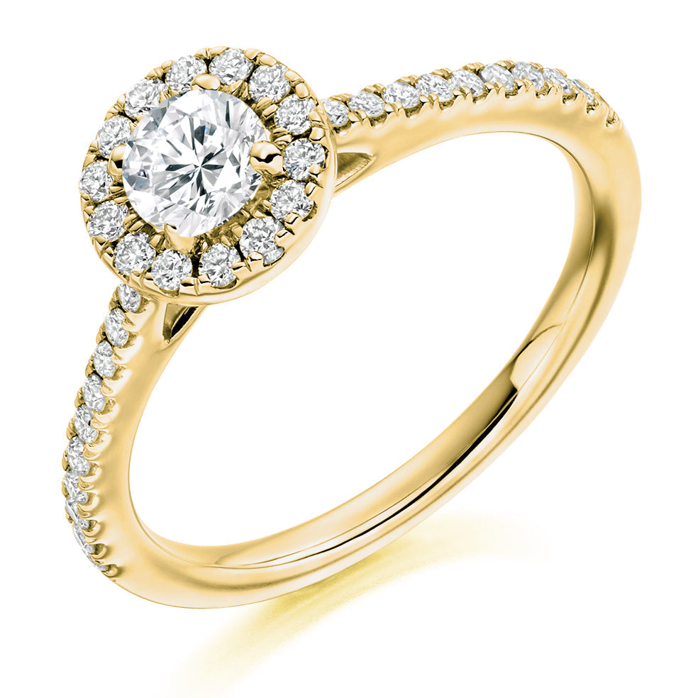 Halo with Diamond Shoulders Round Brilliant Engagement Ring, 0.33ct in Yellow Gold