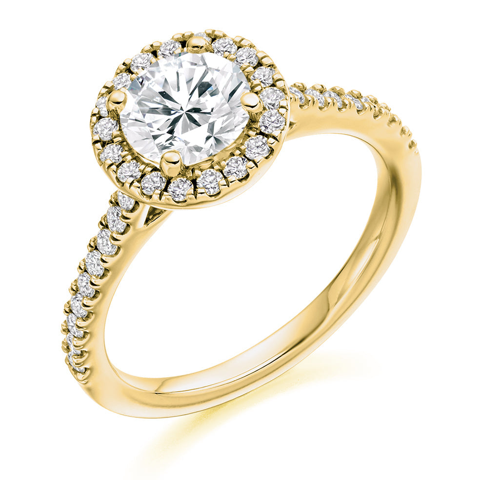 Halo with Diamond Shoulders Round Brilliant Engagement Ring, 0.9ct in Yellow Gold