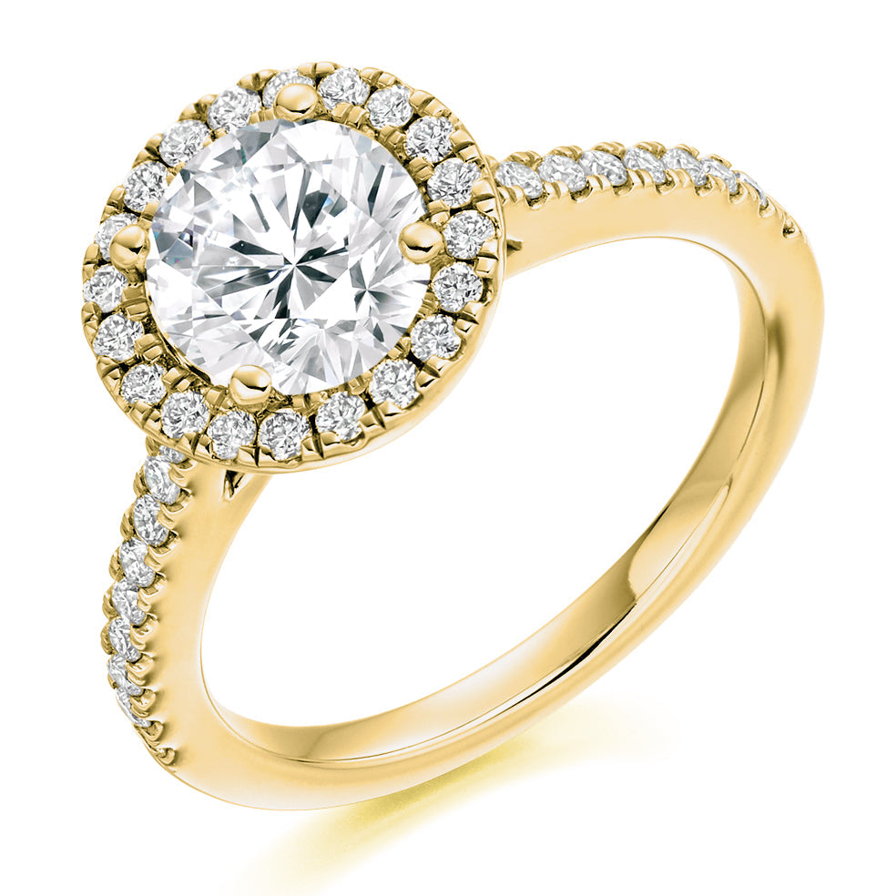 Halo with Diamond Shoulders Round Brilliant Engagement Ring, 1.5ct in Yellow Gold