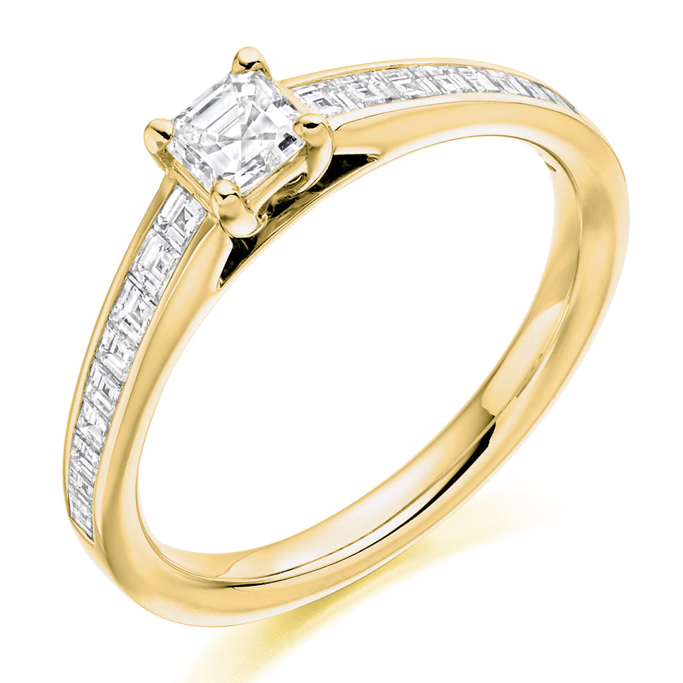 Channel-Shouldered Solitaire Asscher Cut Engagement Ring in Yellow Gold