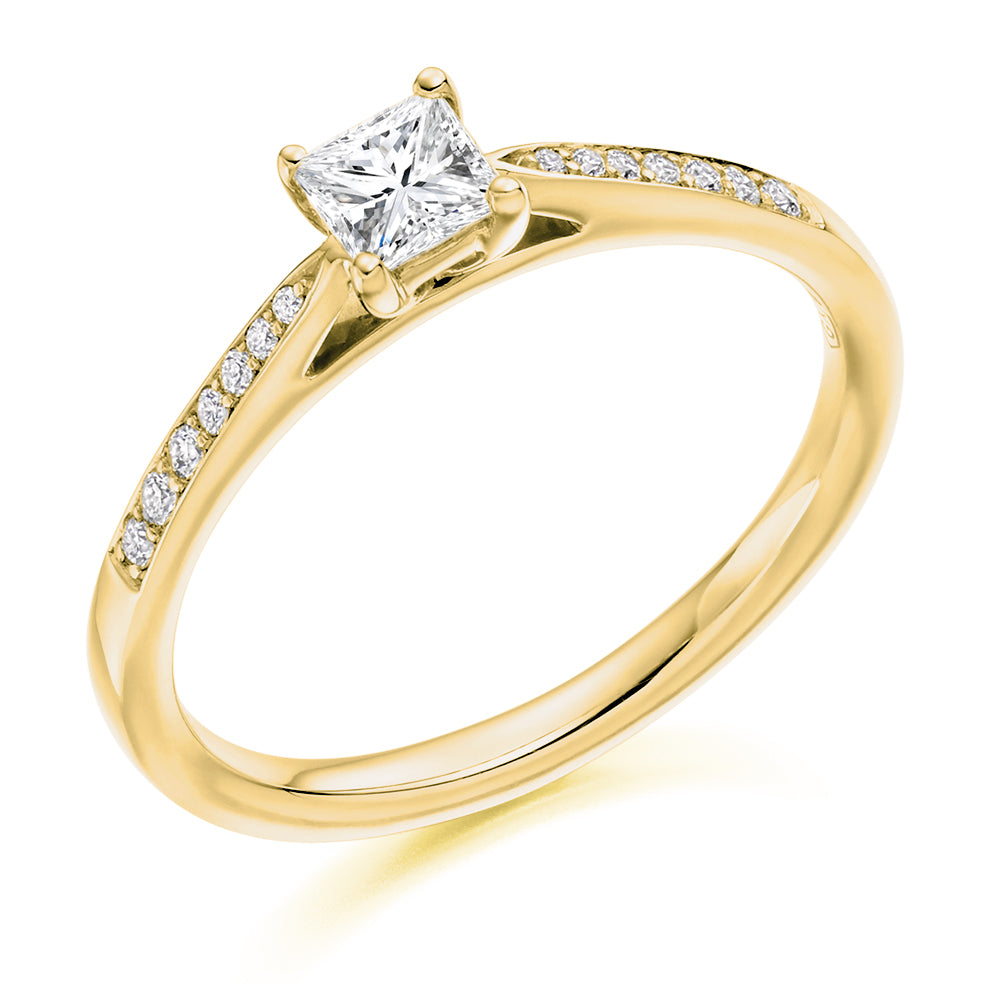Pavé-Shouldered Solitaire Princess Cut Engagement Ring, 0.33ct in Yellow Gold