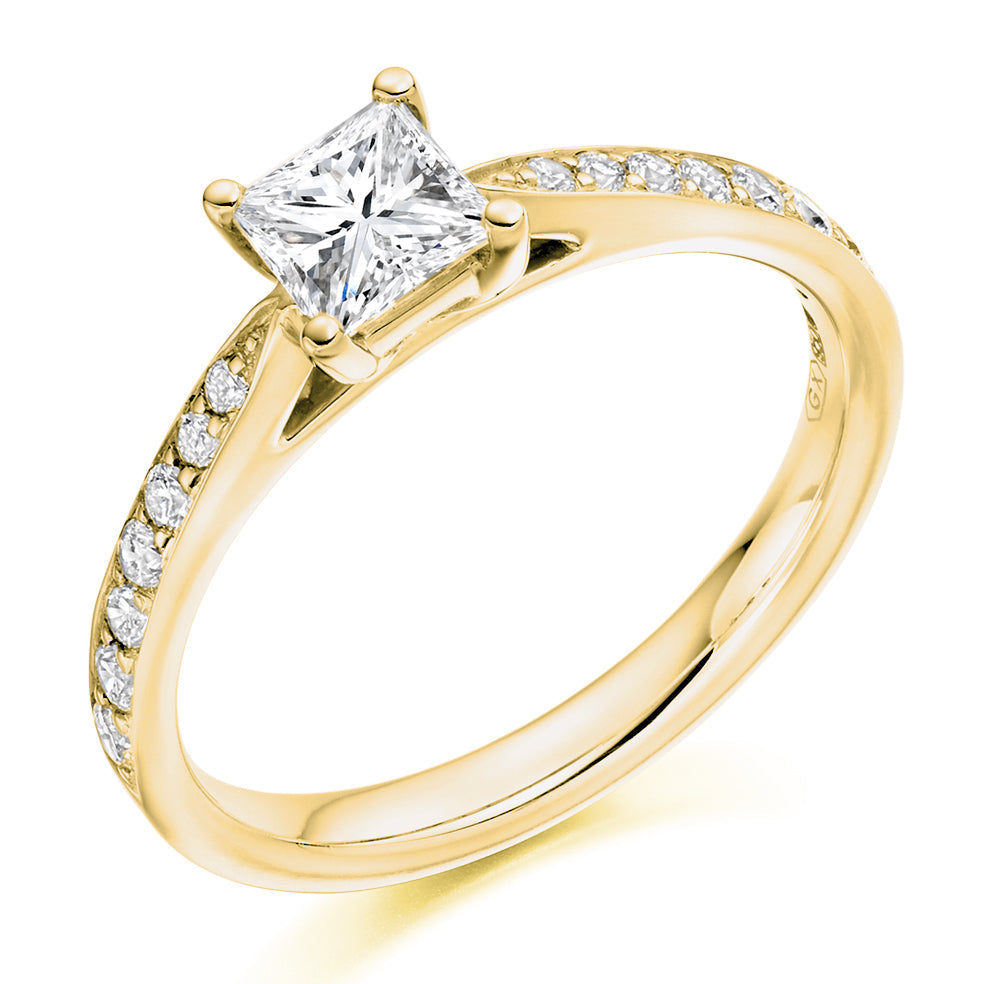 Fine Pavé Solitaire Princess Cut Engagement Ring, 0.5ct in Yellow Gold