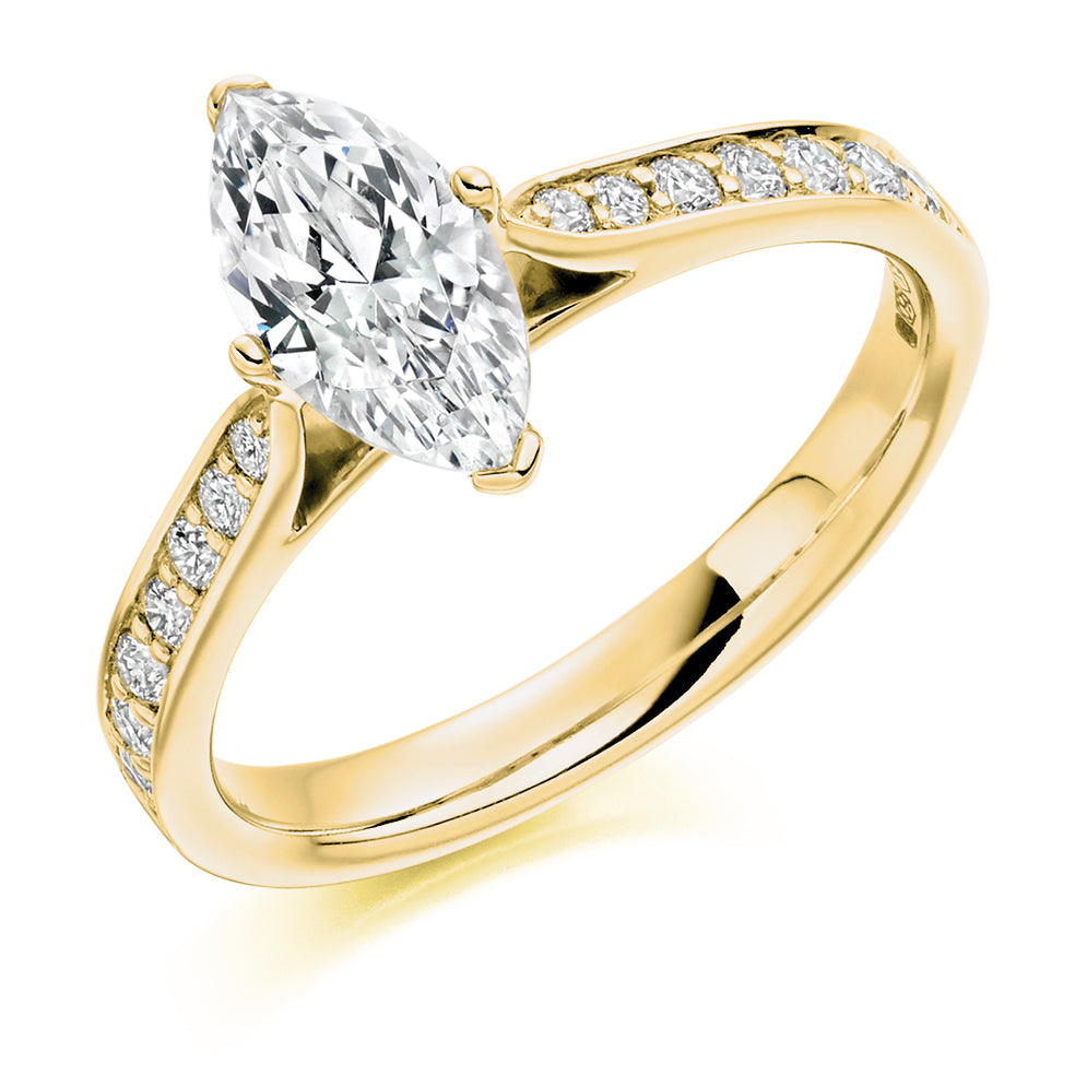 Pavé-Shouldered Solitaire Marquise Cut Engagement Ring in Yellow Gold