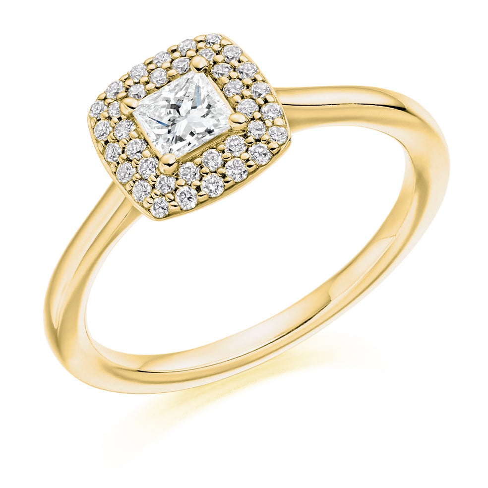 Plain-Band Halo Princess Cut Engagement Ring 0.53ct in Yellow Gold