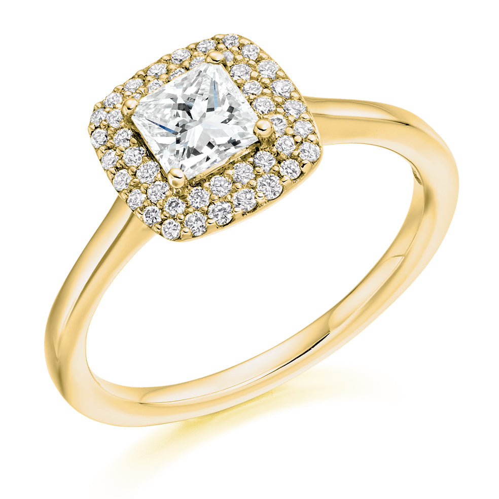 Halo with Plain Shoulders Princess Cut Engagement Ring, 0.5ct in Yellow Gold