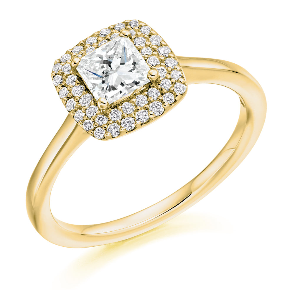 Halo with Plain Shoulders Princess Cut Engagement Ring, 0.5ct in Yellow Gold