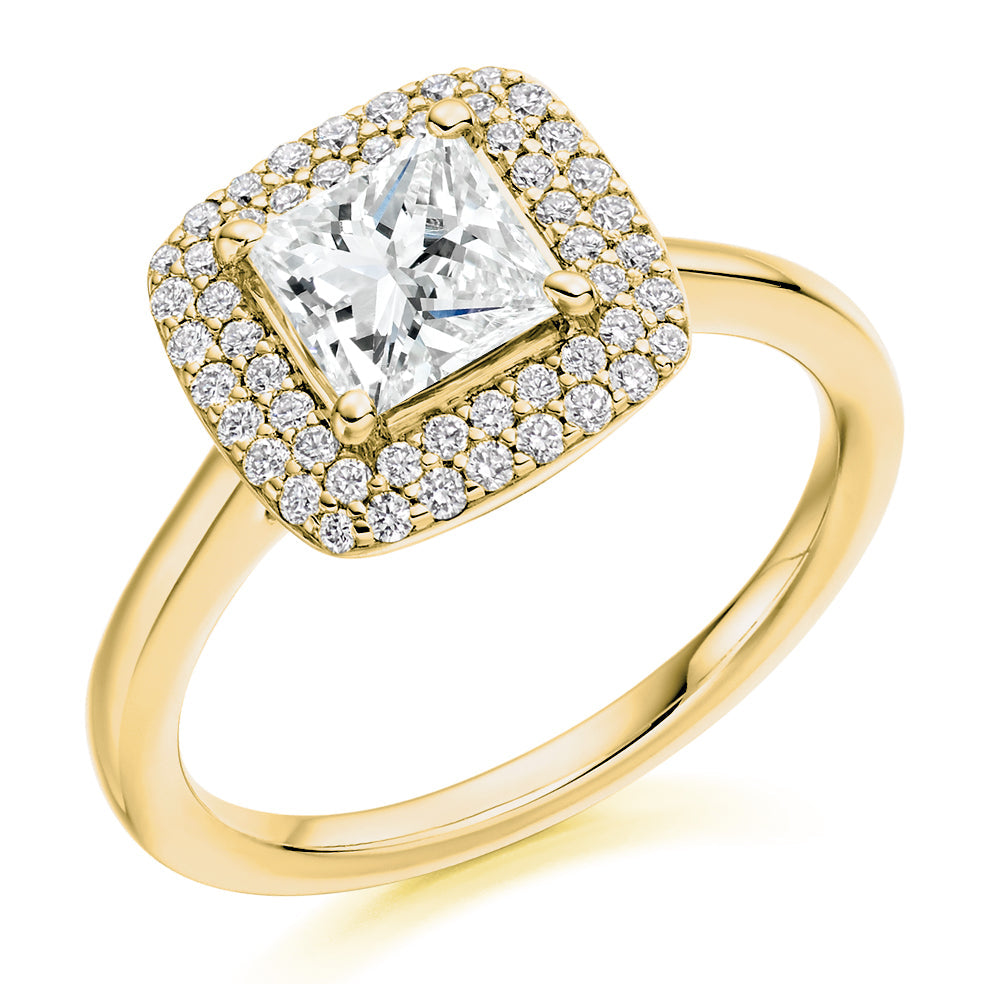 Plain-Band Halo Princess Cut Engagement Ring, 0.75ct in Yellow Gold