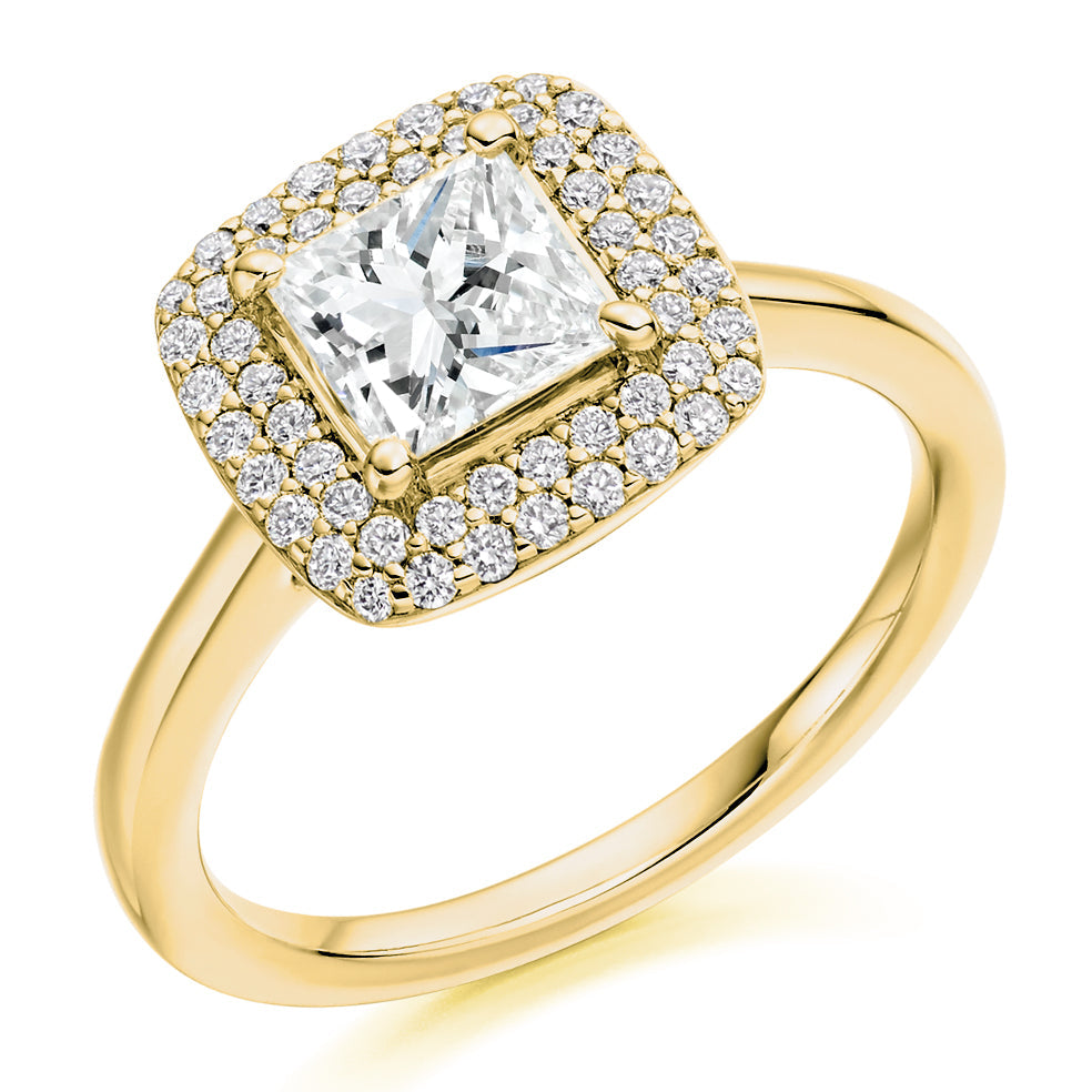 Halo Solitaire Princess Cut Engagement Ring, 1.0ct in Yellow Gold