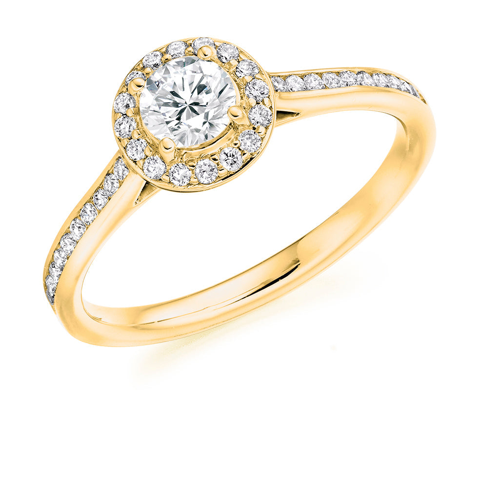 Pavé-Shoulder Halo Round-Brilliant Engagement Ring, 0.33ct in Yellow Gold