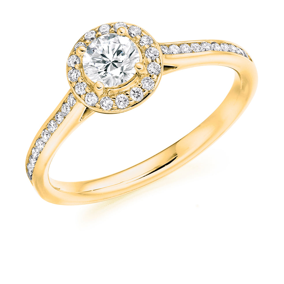 Pavé-Shoulder Halo Round-Brilliant Engagement Ring, 0.33ct in Yellow Gold