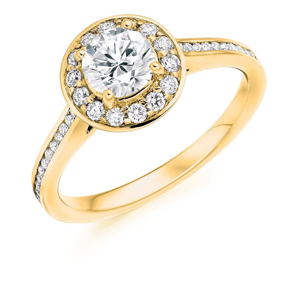 Pavé-Shoulder Halo Round-Brilliant Engagement Ring, 0.75ct (ENG3847 SMT) in Yellow Gold