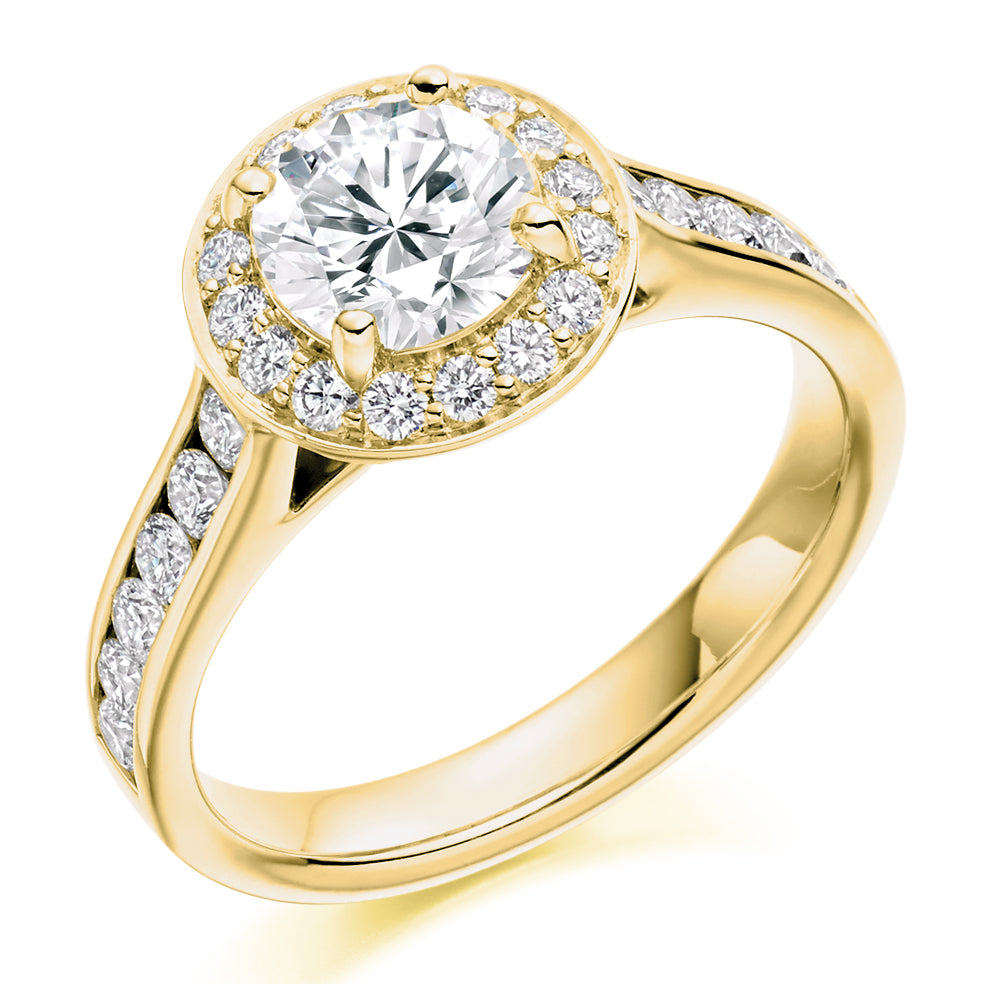 Pavé-Shoulder Halo Round-Brilliant Engagement Ring, 1.0ct (ENG3848 SMT) in Yellow Gold