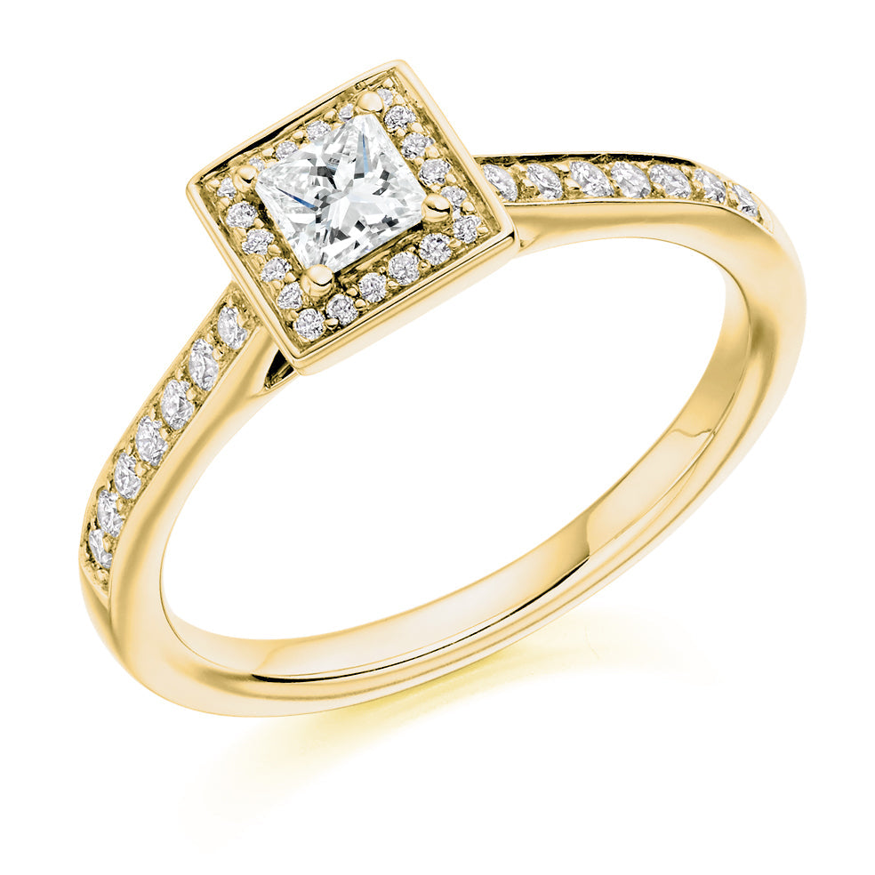 Pavé-Shoulder Halo Princess-Cut Engagement Ring, 0.25ct in Yellow Gold