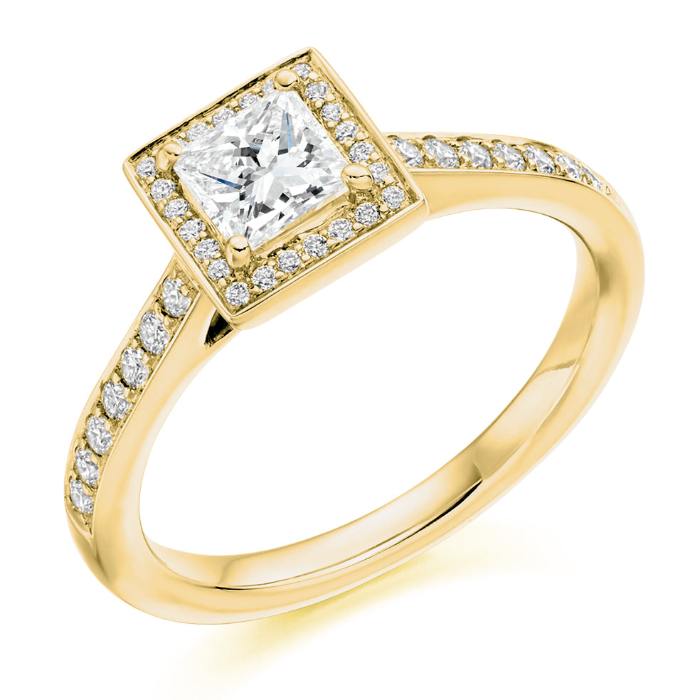Pavé-Shoulder Halo Princess-Cut Engagement Ring, 0.5ct in Yellow Gold