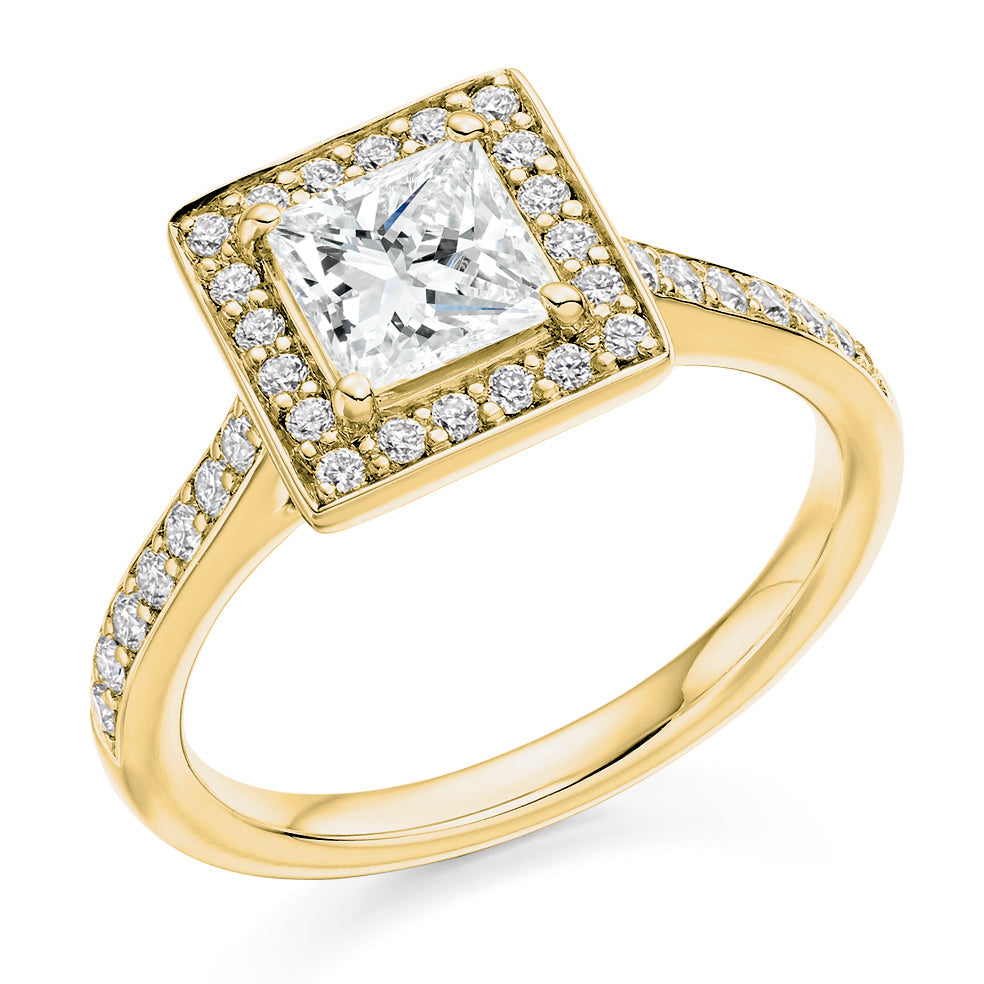 Pavé-Shoulder Halo Princess-Cut Engagement Ring, 0.75ct (ENG3868 SMT) in Yellow Gold