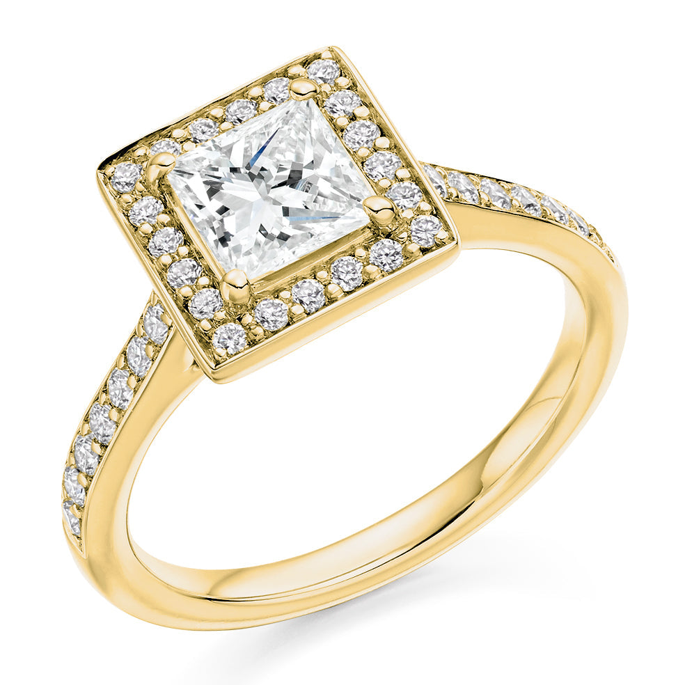 Pavé-Shoulder Halo Princess-Cut Engagement Ring, 1.0ct (ENG3869 SMT) in Yellow Gold