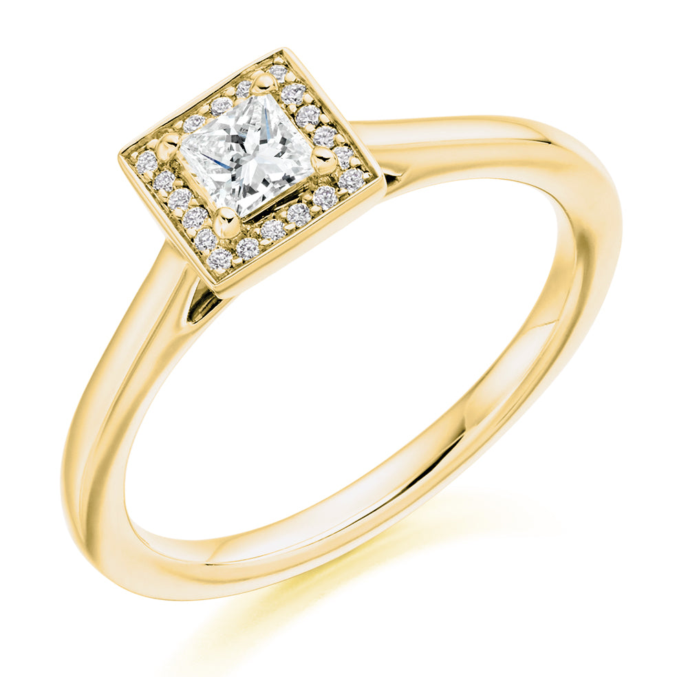Clean-Shouldered Halo Princess Cut Engagement Ring, 0.25ct in Yellow Gold