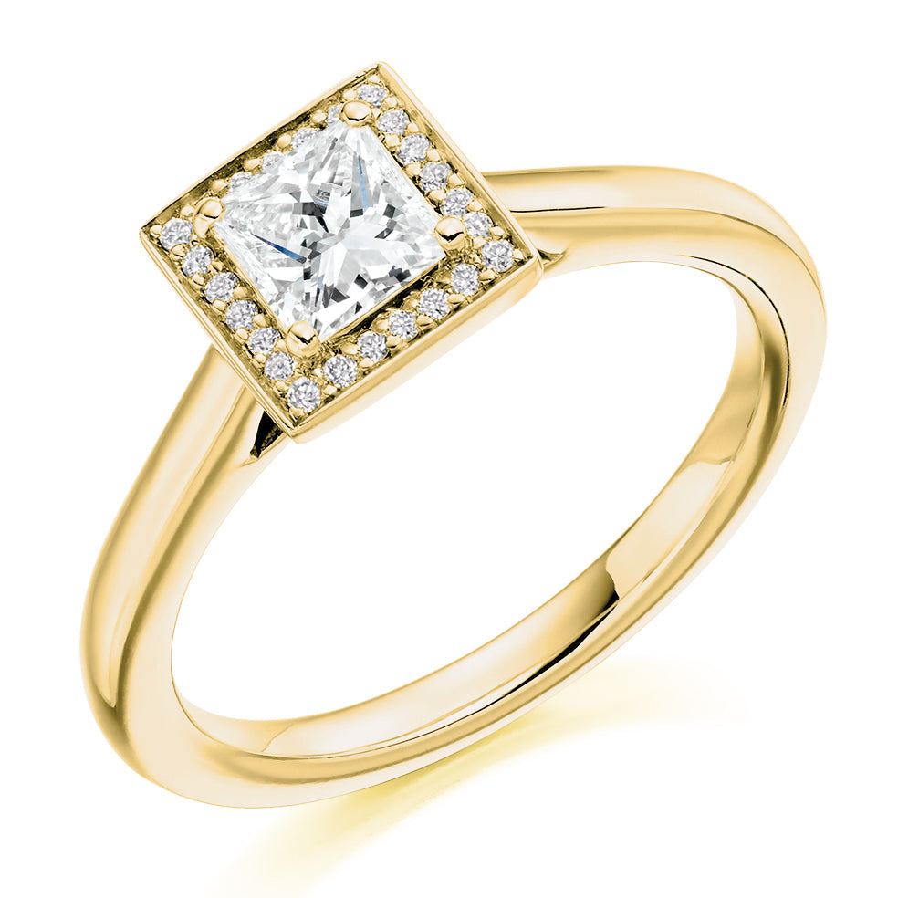 Halo Solitaire Princess Cut Engagement Ring 0.58ct in Yellow Gold