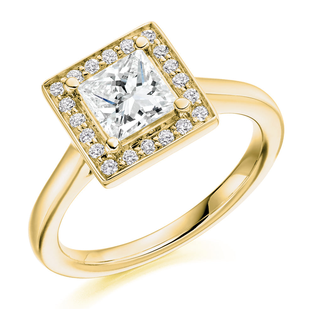 Halo with Plain Shoulders Princess Cut Engagement Ring in Yellow Gold