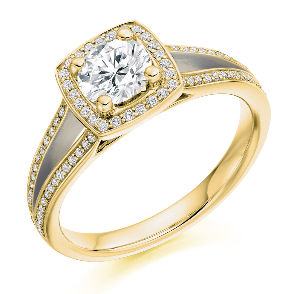 Halo with Split Shoulders Round Brilliant Engagement Ring 1.05ct in Yellow Gold