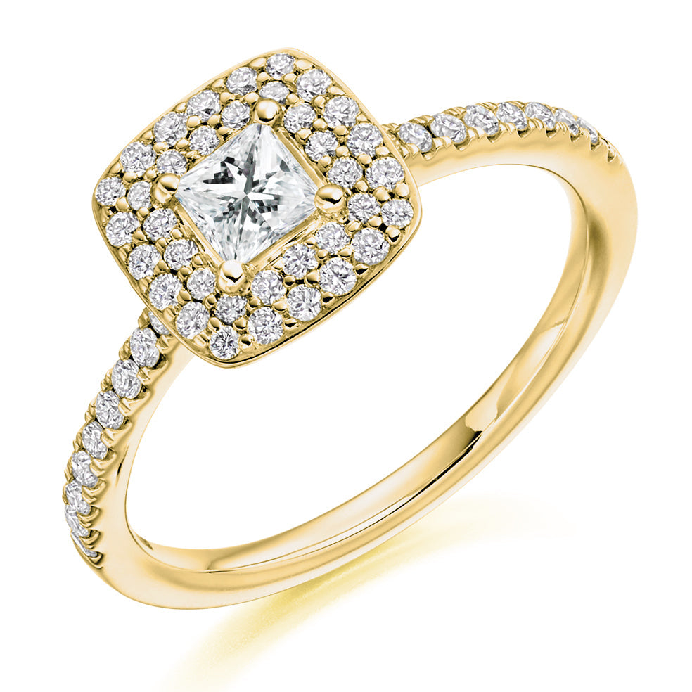 Grain-Set Halo Princess Cut Engagement Ring in Yellow Gold