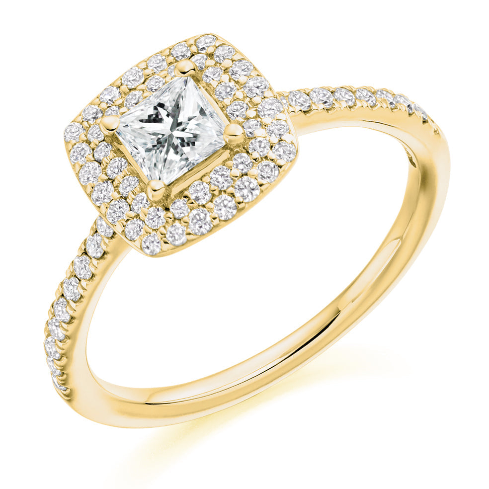 Pavé Halo Princess Cut Engagement Ring in Yellow Gold