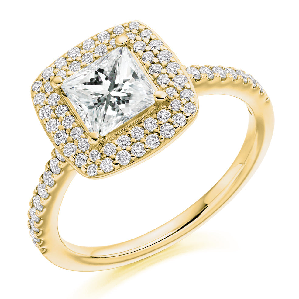 Fine Pavé Halo Princess Cut Engagement Ring in Yellow Gold