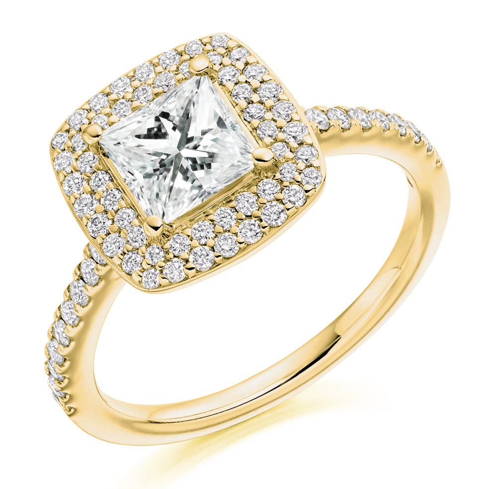Grain-Set Halo Princess Cut Engagement Ring, 1.0ct in Yellow Gold