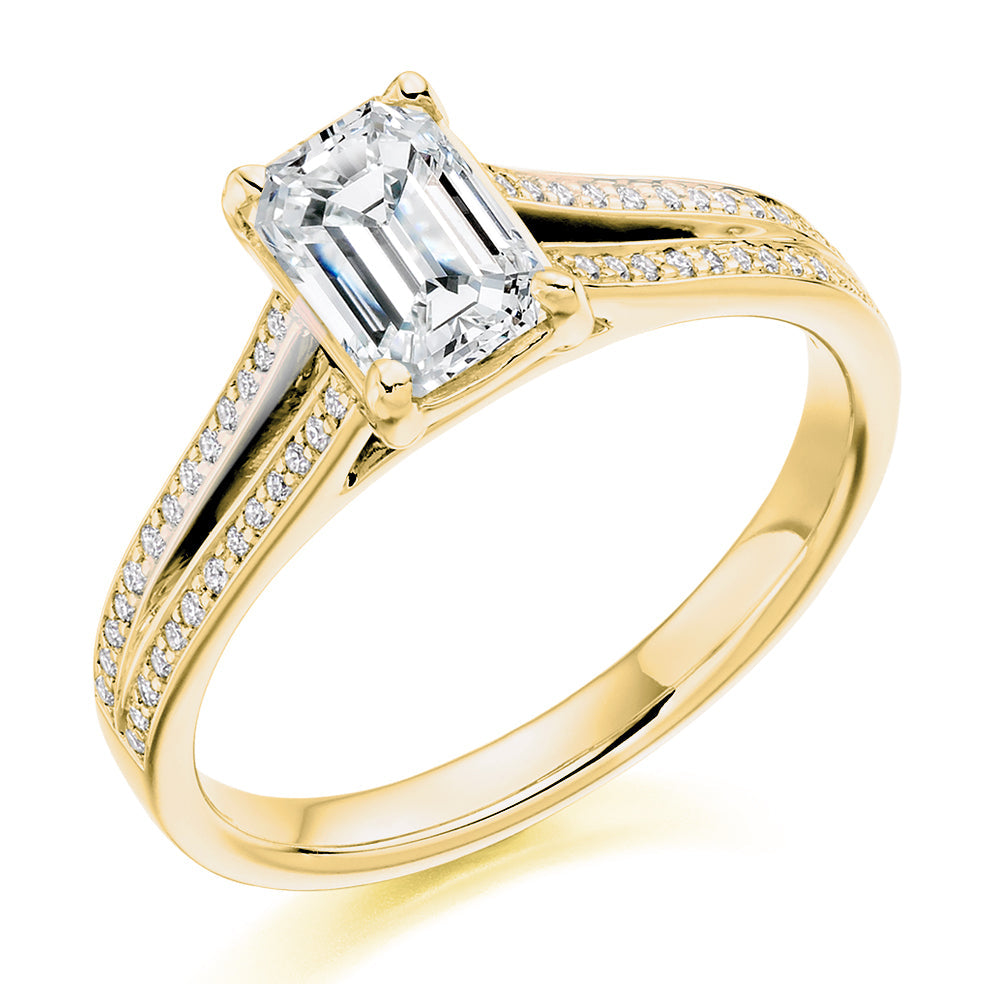 Solitaire with Split Shoulders Emerald Cut Engagement Ring in Yellow Gold