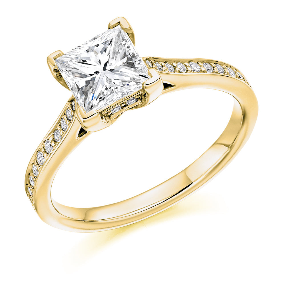 Pavé-Shouldered Solitaire Princess Cut Engagement Ring, 1.25ct in Yellow Gold