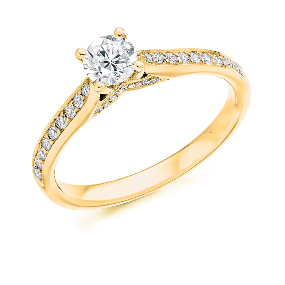 Pavé-Shouldered Solitaire Round Brilliant Engagement Ring 0.65ct in Yellow Gold