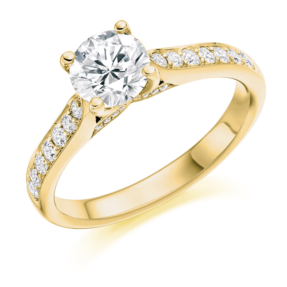 Pavé-Shouldered Solitaire Round Brilliant Engagement Ring 1.2ct in Yellow Gold