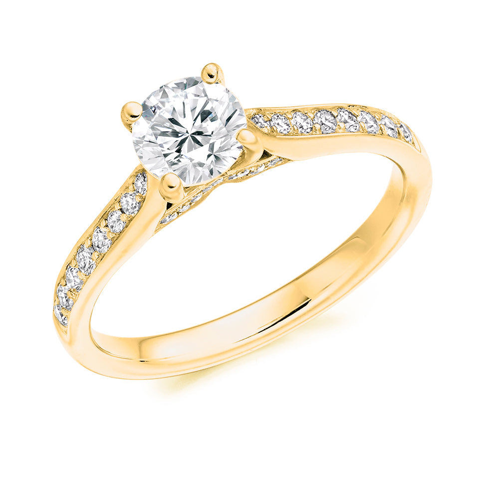 Fine Pavé Solitaire Round Brilliant Engagement Ring 1.35ct in Yellow Gold