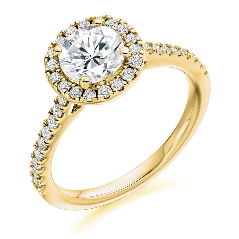 Diamond-Shouldered Halo Round Brilliant Engagement Ring, 0.75ct in Yellow Gold