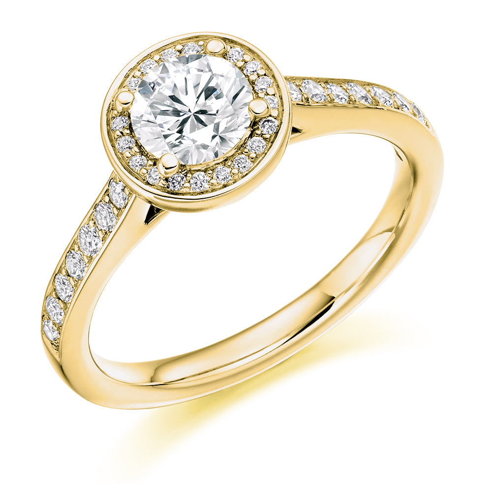 Pavé-Shoulder Halo Round-Brilliant Engagement Ring, 0.75ct (ENG3969 SMT) in Yellow Gold