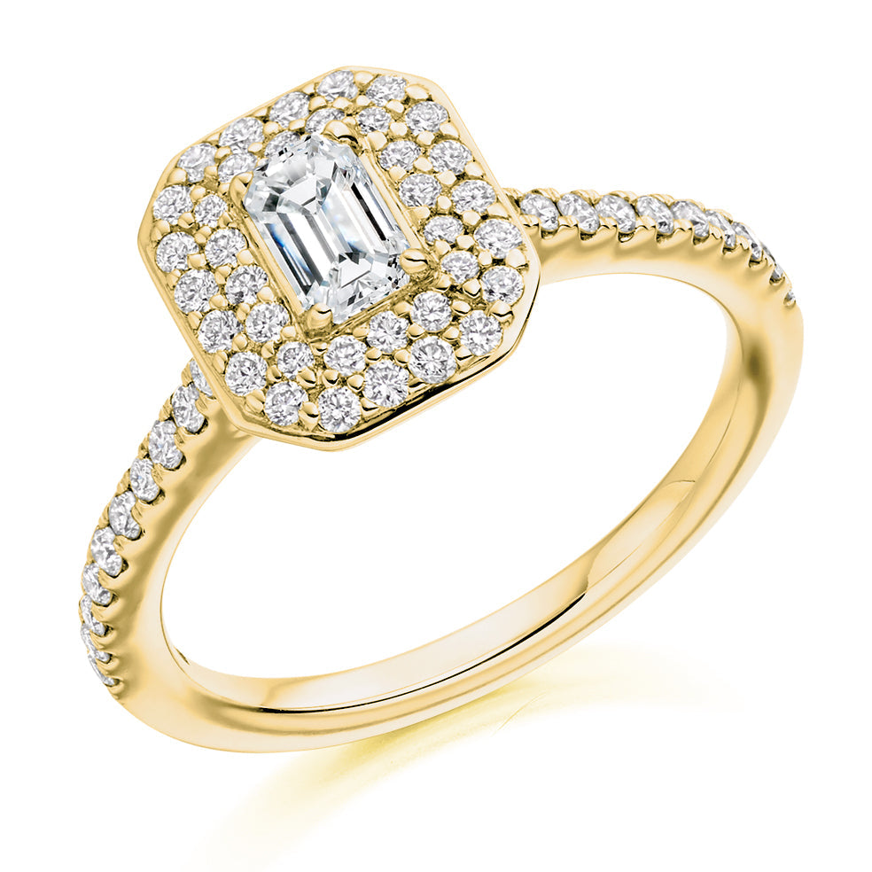 Double-Halo Emerald-Cut Engagement Ring, 0.33ct in Yellow Gold