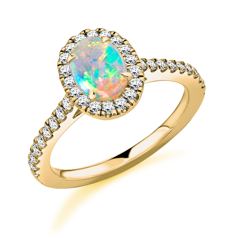 Cluster Halo Opal & Diamond Engagement Ring with Micro-Claw, 0.4ct in Yellow Gold