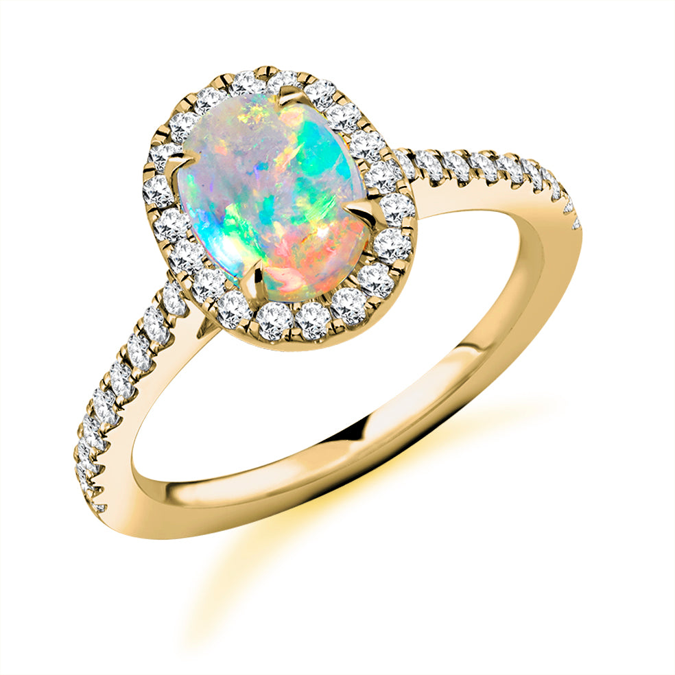 Cluster Halo Opal & Diamond Engagement Ring, 0.45ct in Yellow Gold