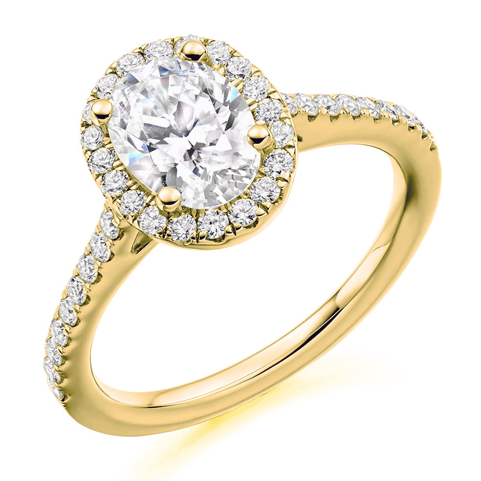 Pavé-Shoulder Halo Oval-Cut Engagement Ring, 1.5ct in Yellow Gold