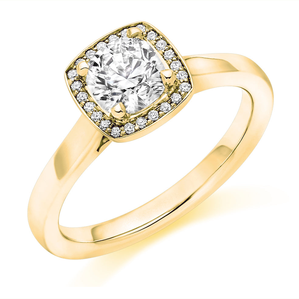 Plain-Shoulder Halo Cushion-Cut Engagement Ring, 0.7ct in Yellow Gold